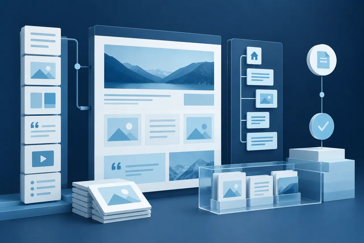 CMS-Entwicklung mit flexiblen Inhaltsmodulen Strukturiertes Content-Management-System mit modularen Inhaltsblöcken für Texte, Bilder und Navigation